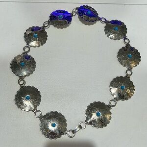 Southwest Faux Turquoise, Silver tone Chain Link Belt, up to 30”, Vintage